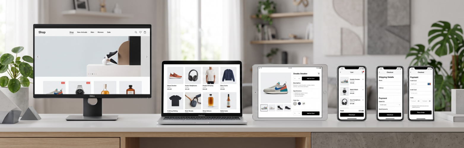 eCommerce UX funnel from navigation and product pages through checkout on desktop and mobile