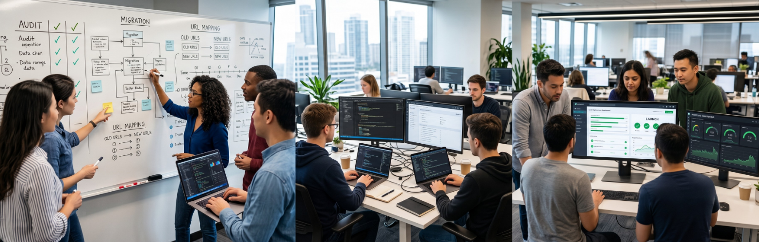 Platform migration phases from audit and URL mapping to launch and post-launch monitoring