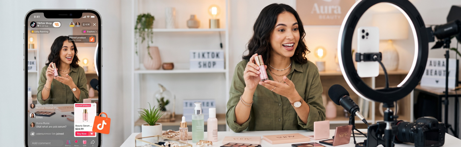 Live shopping stream on TikTok Shop with products pinned for in-app purchase