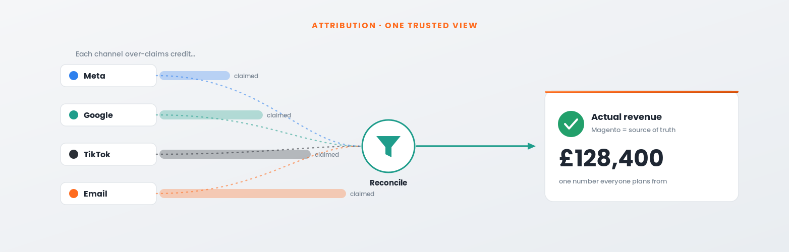 eCommerce attribution across channels feeding one trusted revenue view