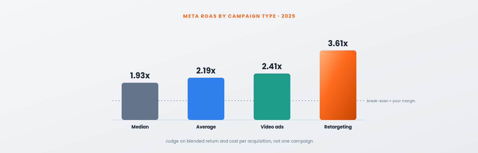 Meta ad performance and ROAS across campaign types for eCommerce