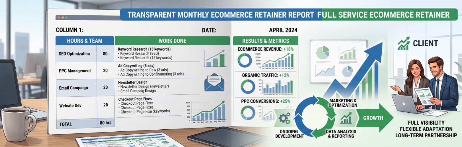 A transparent monthly eCommerce retainer report showing hours, work done and results