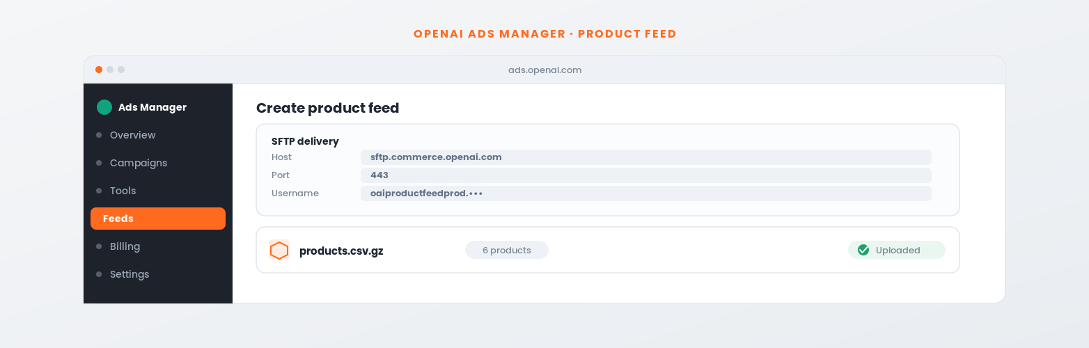 OpenAI Ads Manager product feed setup screen for ChatGPT ads